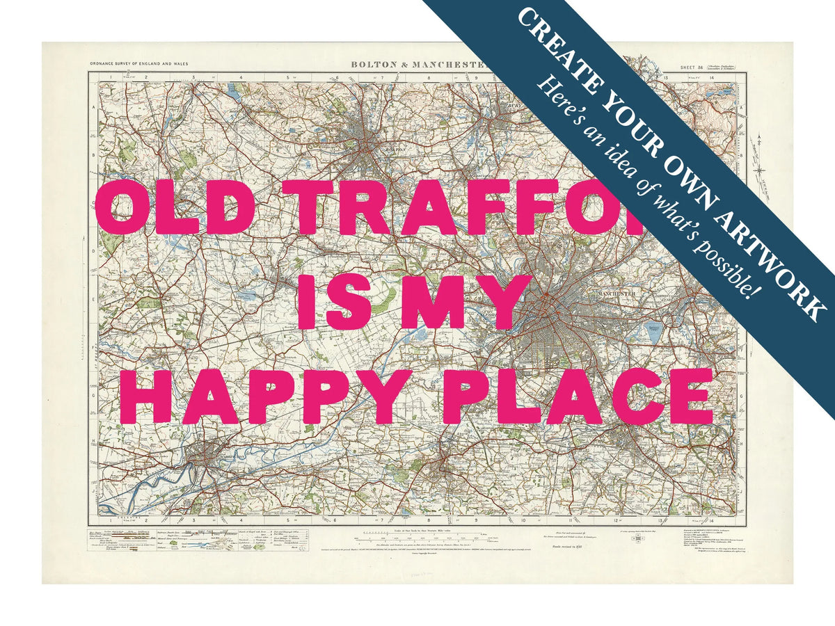 City map wall art featuring a personalised map print of Manchester with pink font - Unframed wall art