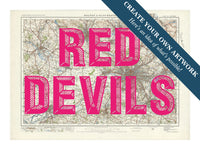 City map wall art featuring a personalised map print of Manchester with pink font - Unframed wall art