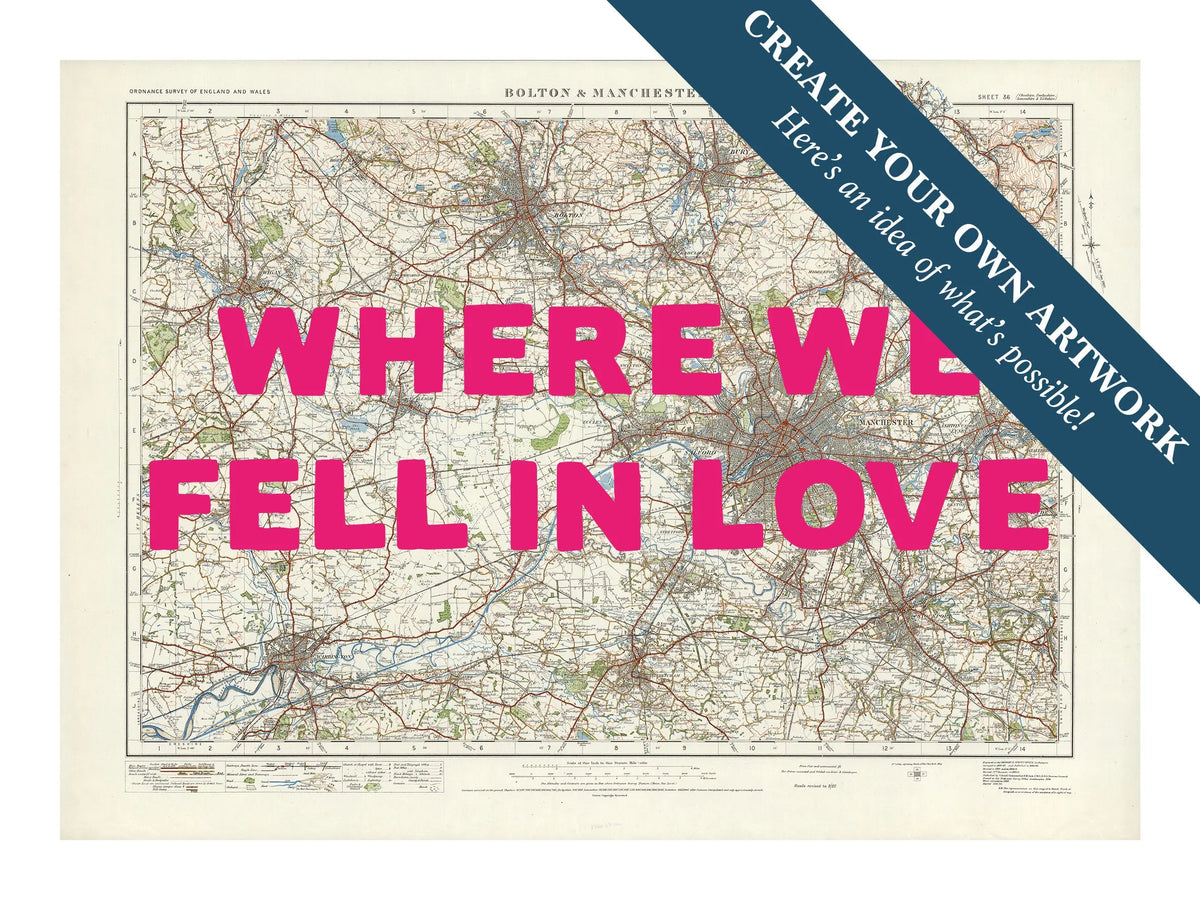 City map wall art featuring a personalised map print of Manchester with pink font - Unframed wall art