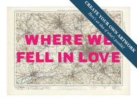 City map wall art featuring a personalised map print of Manchester with pink font - Unframed wall art