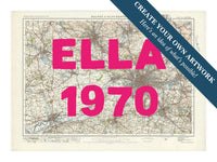 City map wall art featuring a personalised map print of Manchester with pink font - Unframed wall art