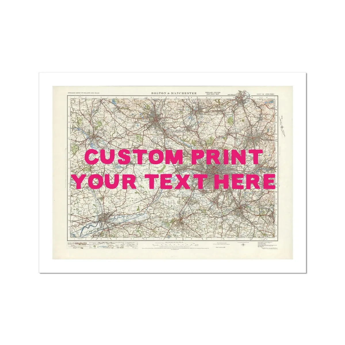 City map wall art featuring a personalised map print of Manchester with pink font - Unframed wall art