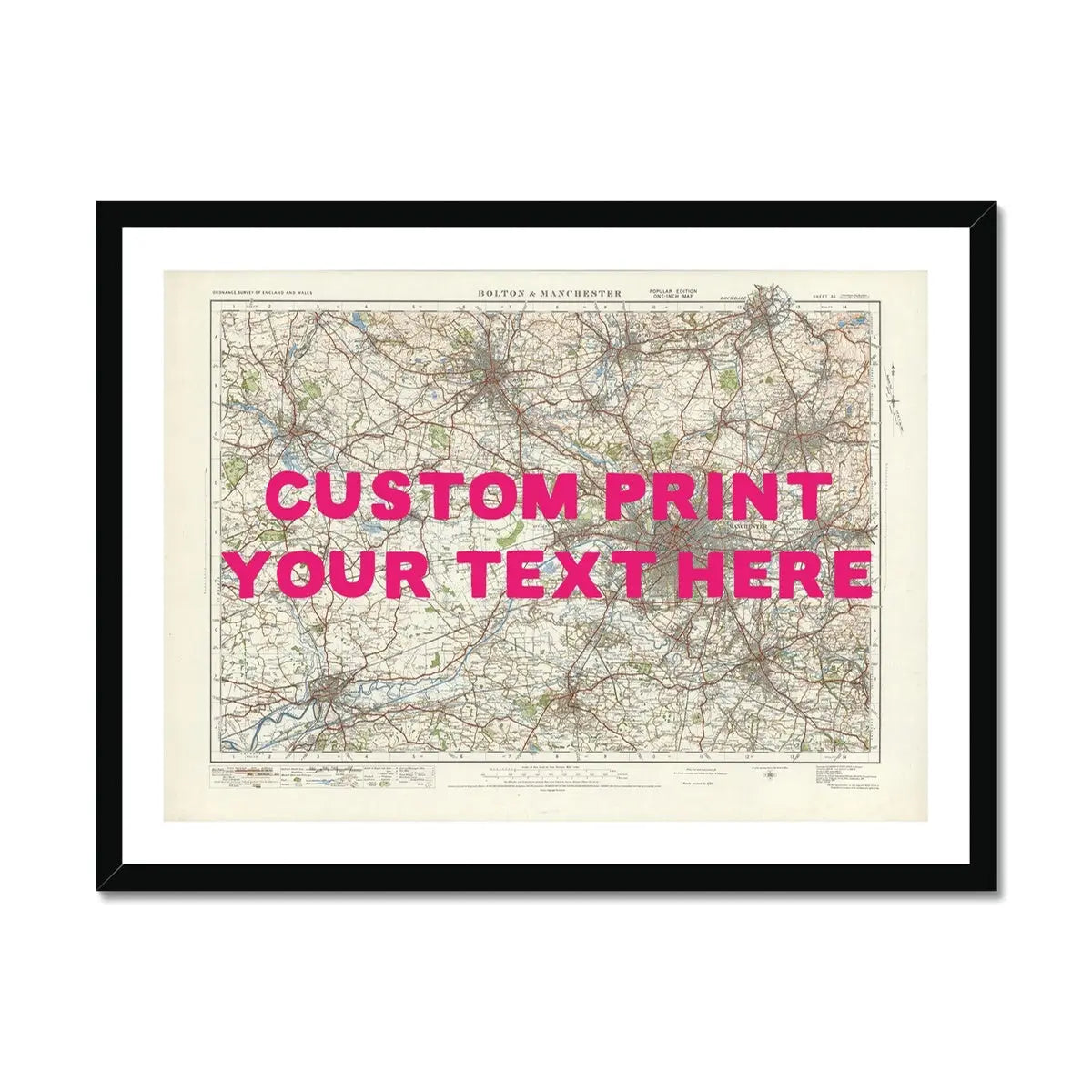 City map wall art featuring a personalised map print of Manchester with navy hand-drawn font - Framed wall art