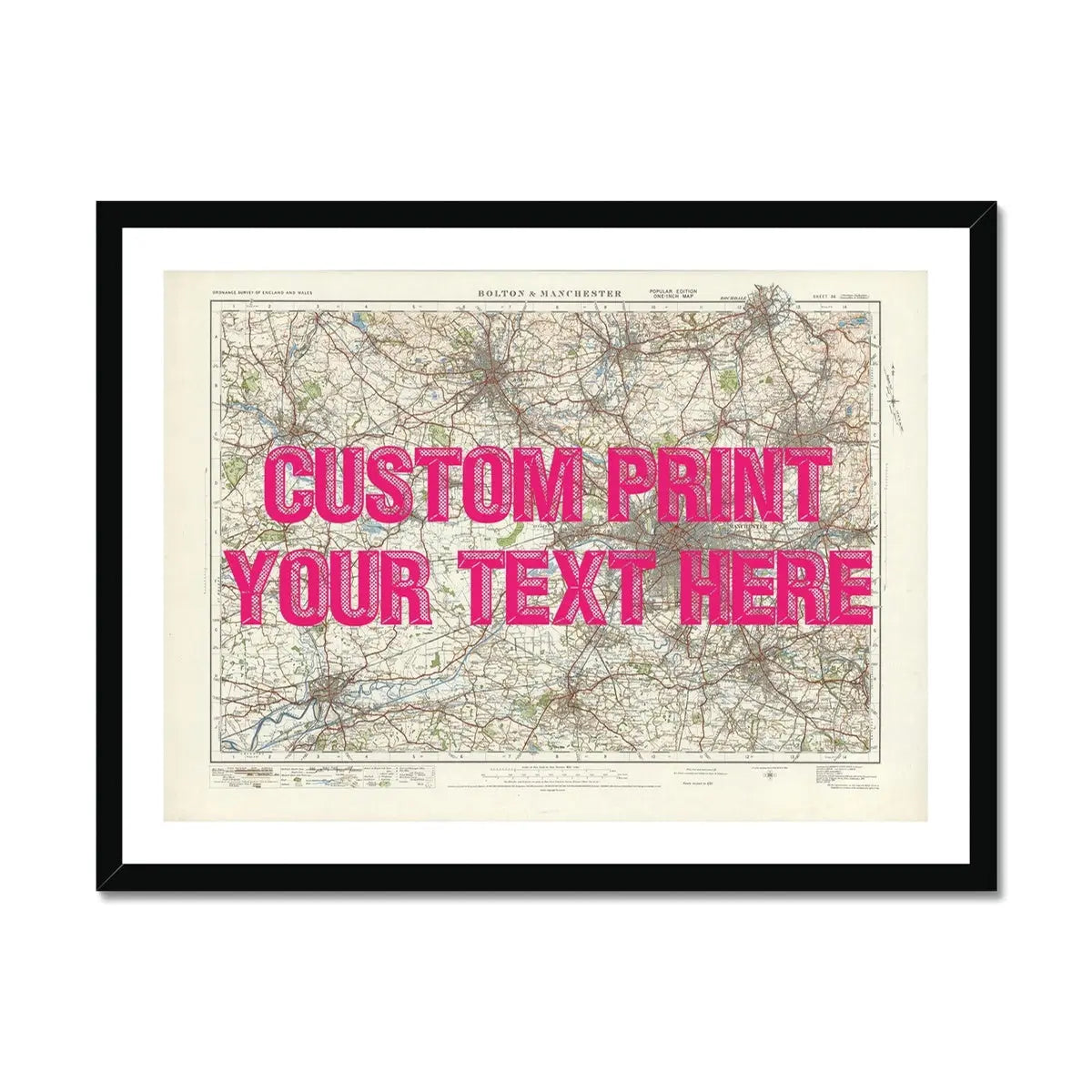 City map wall art featuring a personalised map print of Manchester with navy font - framed wall art