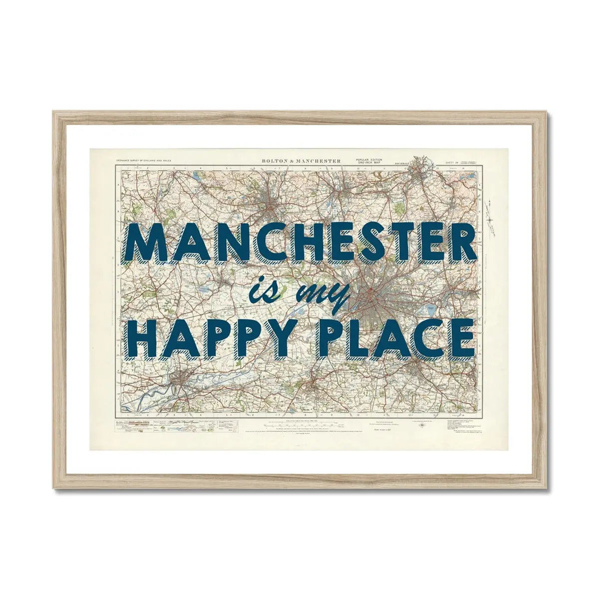 Manchester is my Happy Place Art Print | Vintage Map Print of Manchester - Framed Wall Art