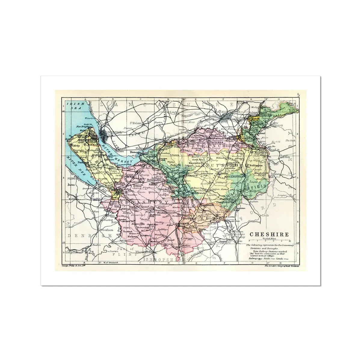 Map Print of Cheshire | Vintage Map of Cheshire in Print - Unframed Wall Art