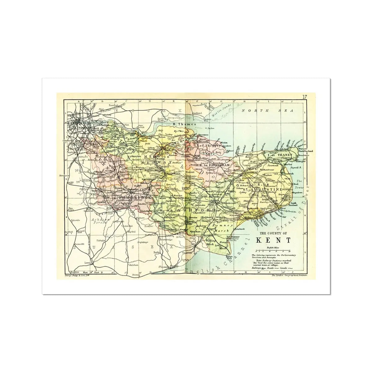 Map Print of Kent | Vintage Map of Kent Print - Unframed Wall Art