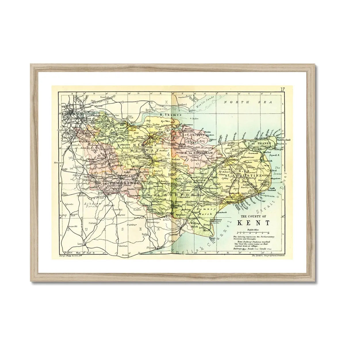 Map Print of Kent | A colourful Vintage Map of Kent Print - Framed Wall Art