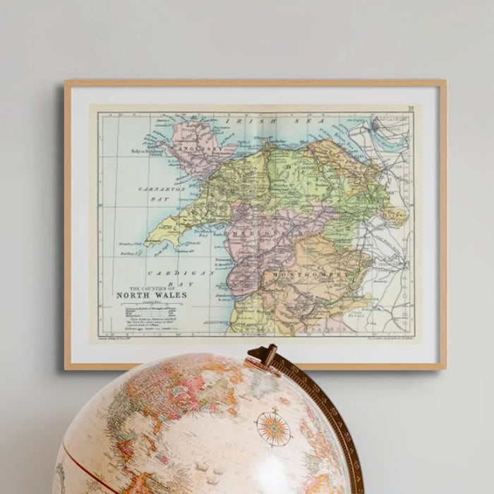 Map Print of North Wales | A detailed and colourful Vintage Map of Wales - Framed Wall Art