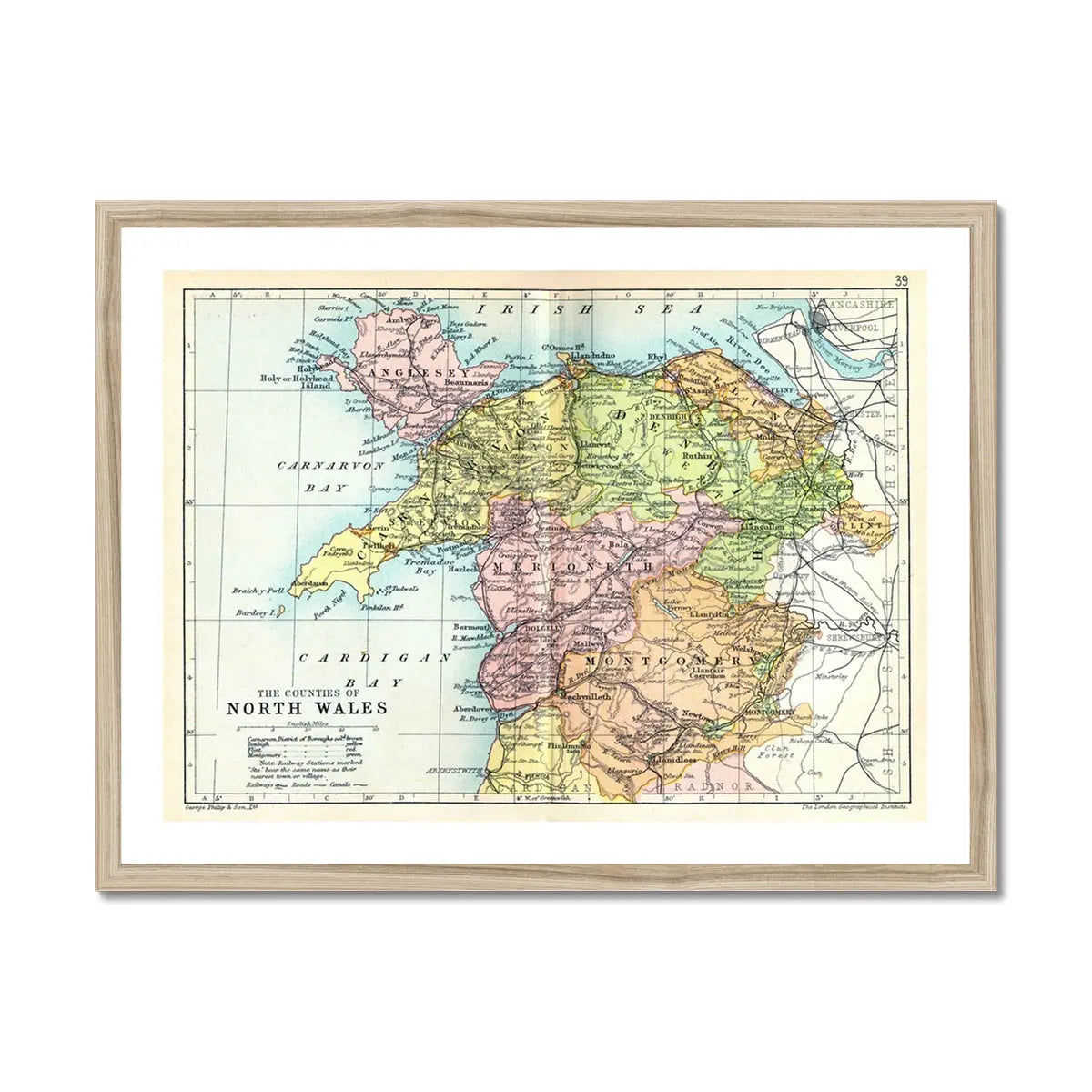 Map Print of North Wales | A detailed and colourful Vintage Map of Wales - Framed Wall Art
