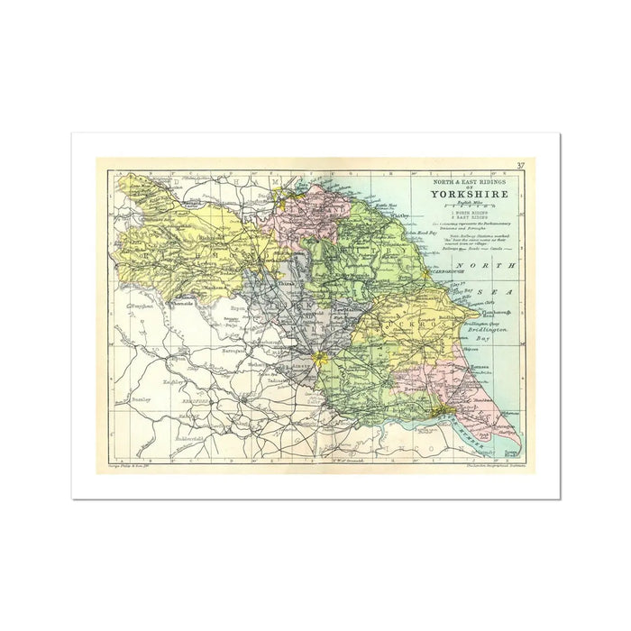 Map Print of North & East Ridings | Vintage Map of North & East Yorkshire Print - Unframed Wall art