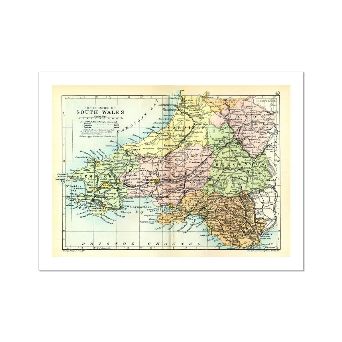 Map Print of South Wales | Colourful Vintage Map of Wales Print - Unframed Wall