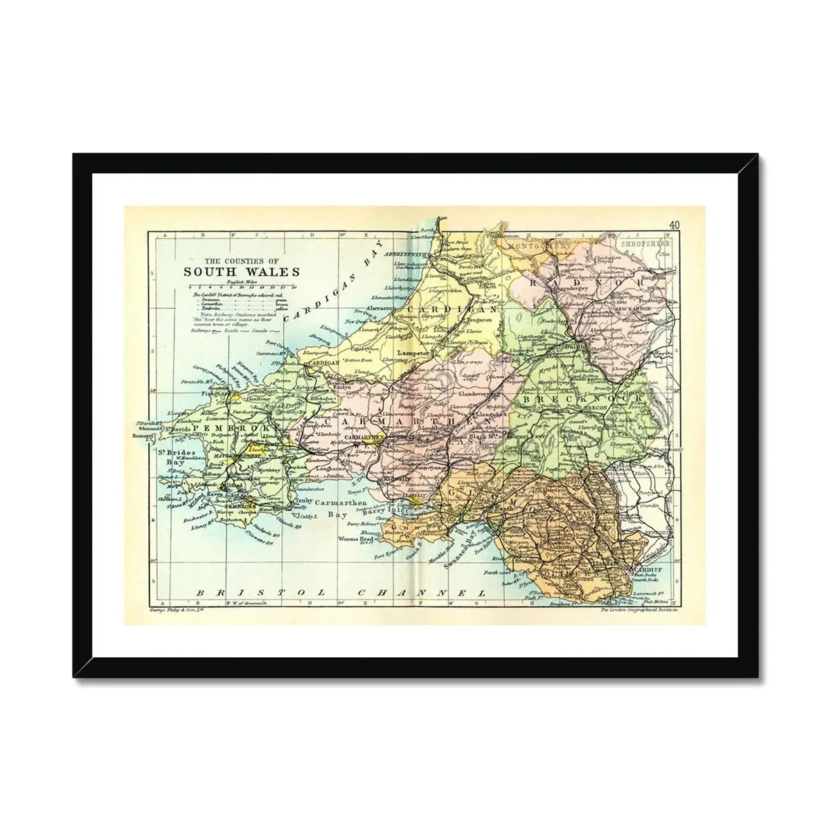 Map Print of South Wales | A beautifully coloured Vintage Map print of Wales - Framed wall art