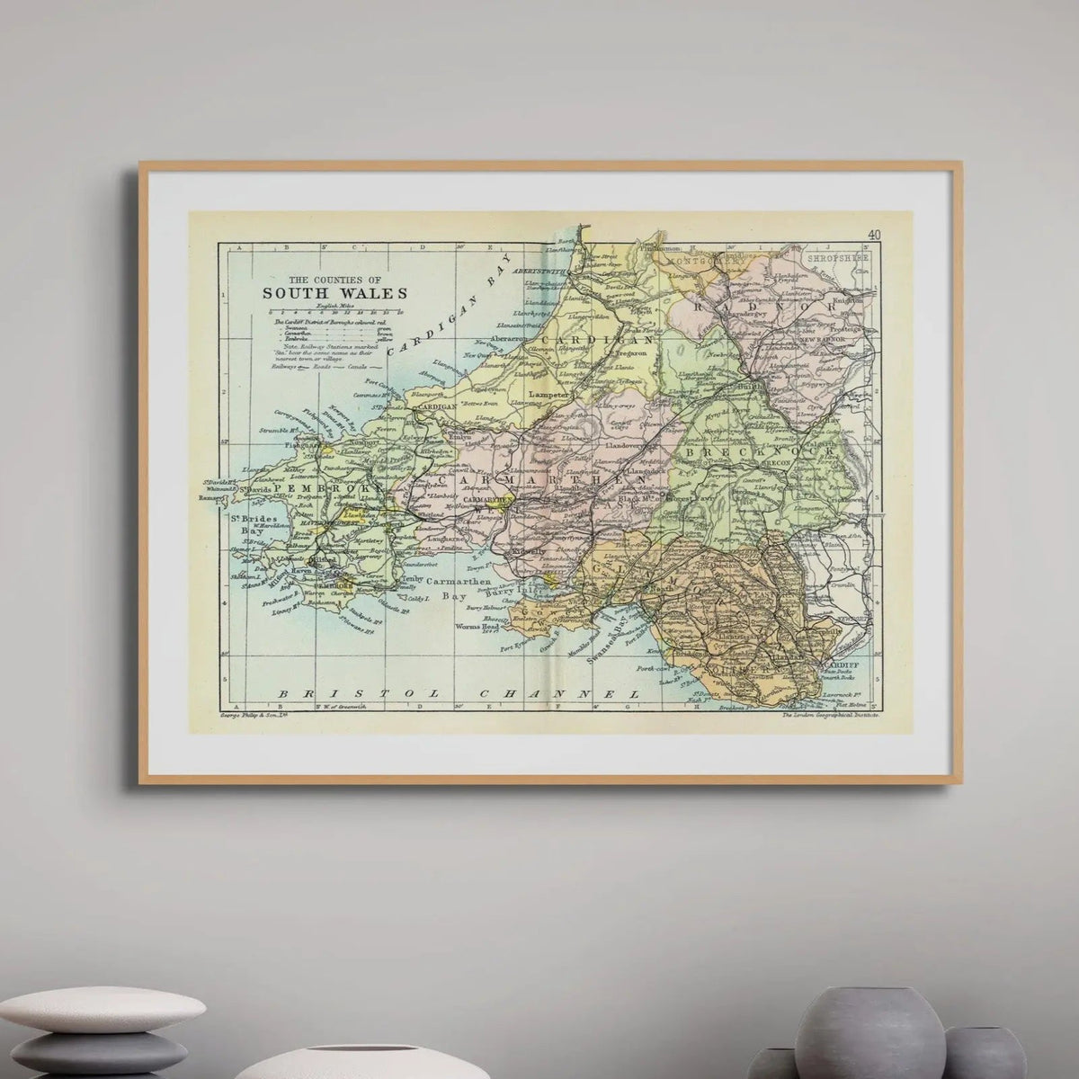 Map Print of South Wales | A beautifully coloured Vintage Map print of Wales - Framed wall art