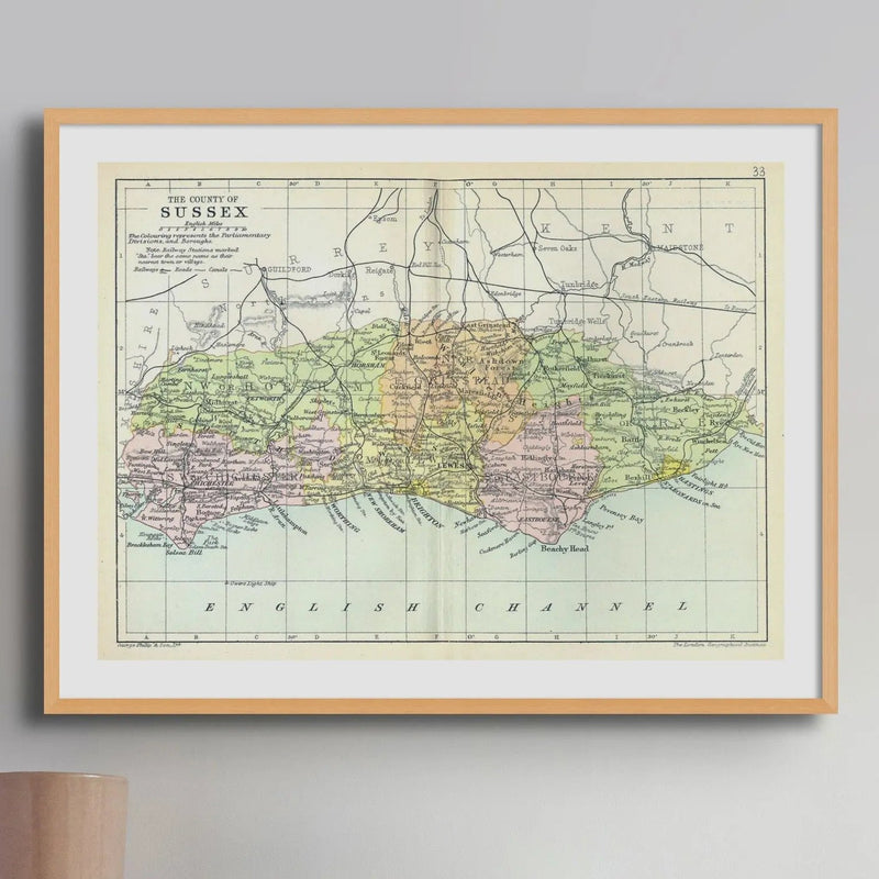 Map of Sussex Print Vintage Map of Sussex Print Unframed Beach