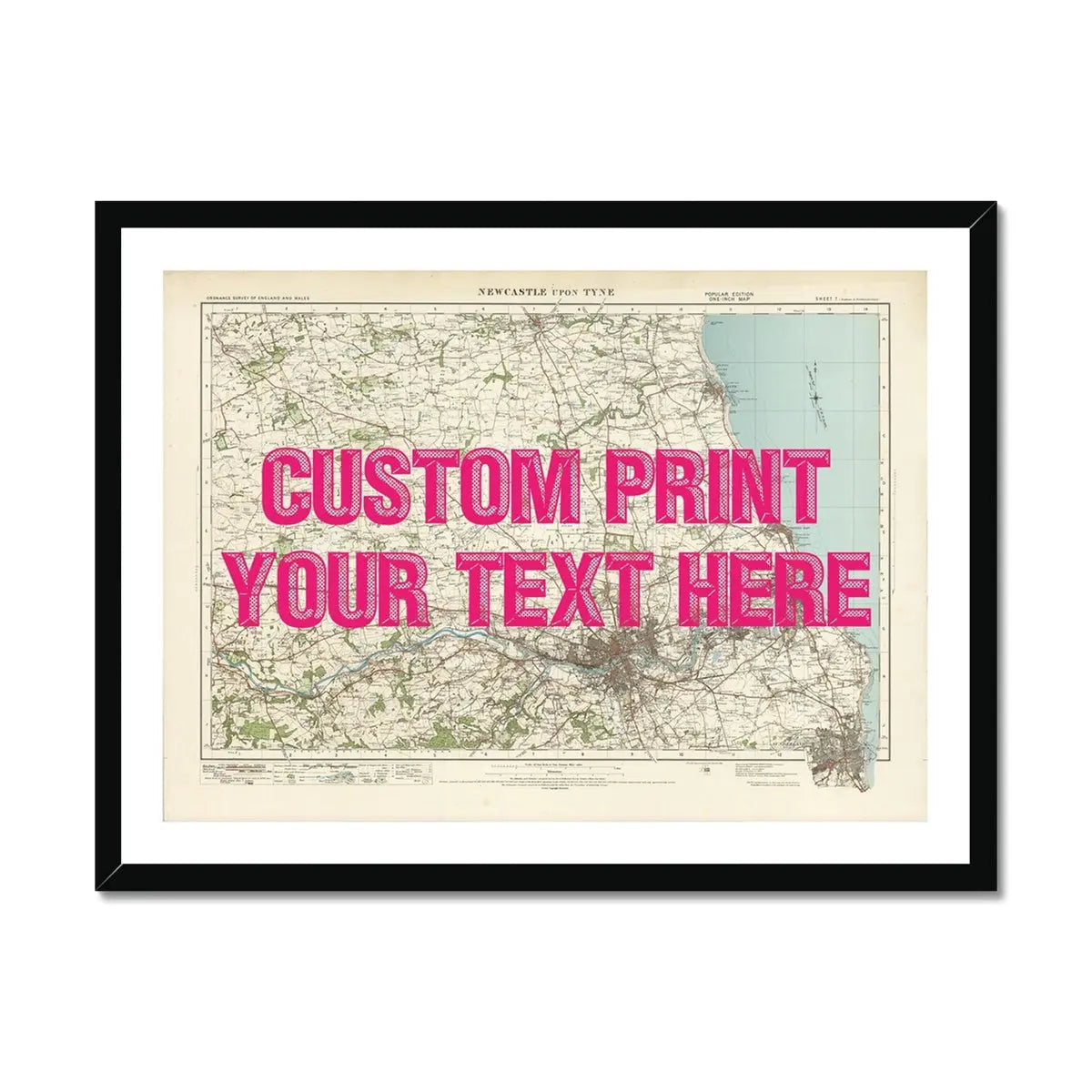 Newcastle Personalised Map Print | Custom Map of Newcastle | Pink Vintage Font - Framed Wall Art