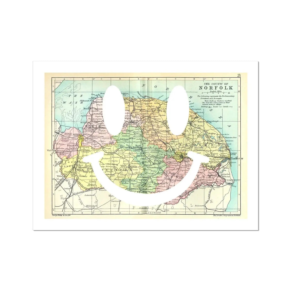 Norfolk Makes Me Happy White (Norfolk Map) Vintage Map Art - Unframed - Beach House Art