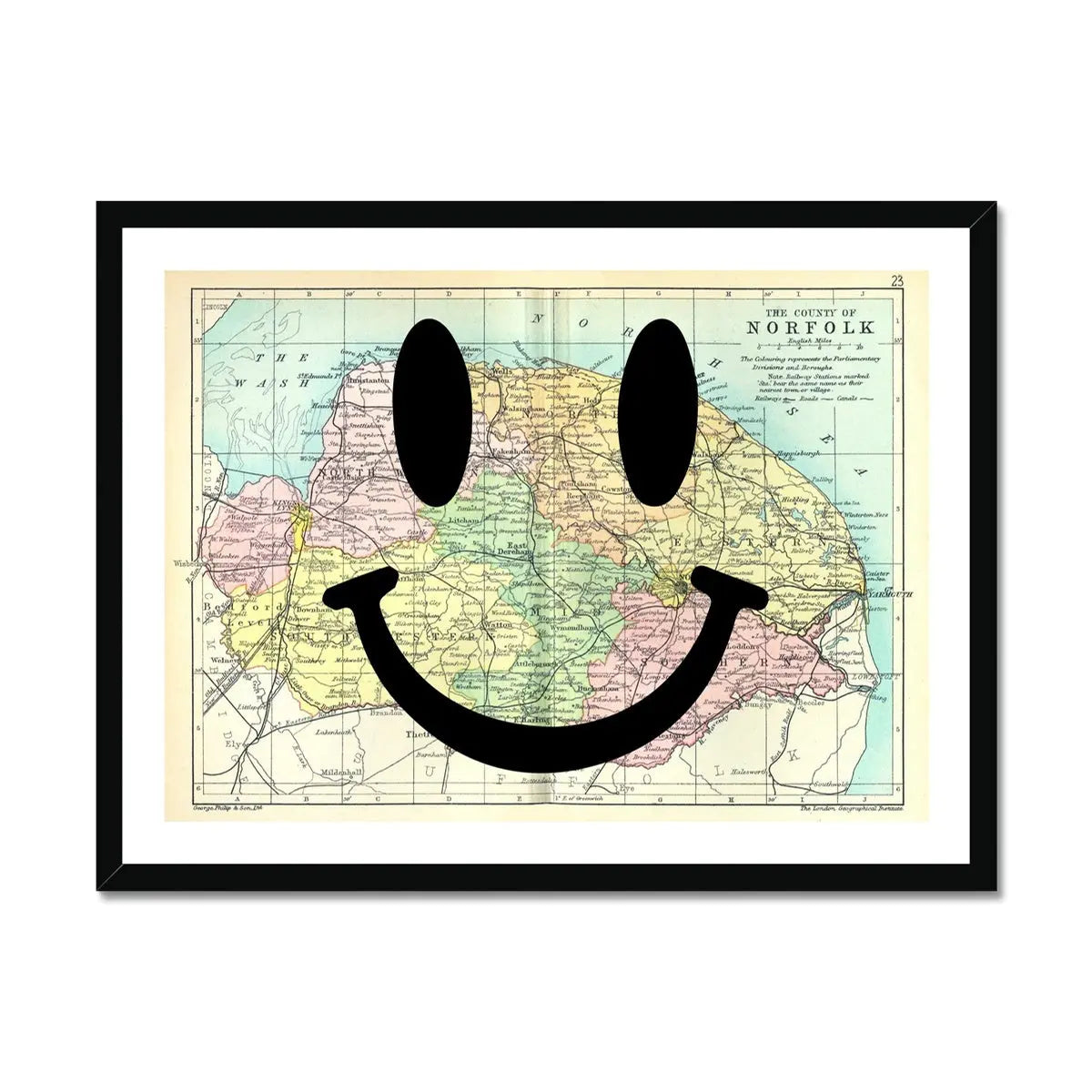 Norfolk Makes Me Smile (Norfolk Map) Vintage Map Art - Framed - Beach House Art