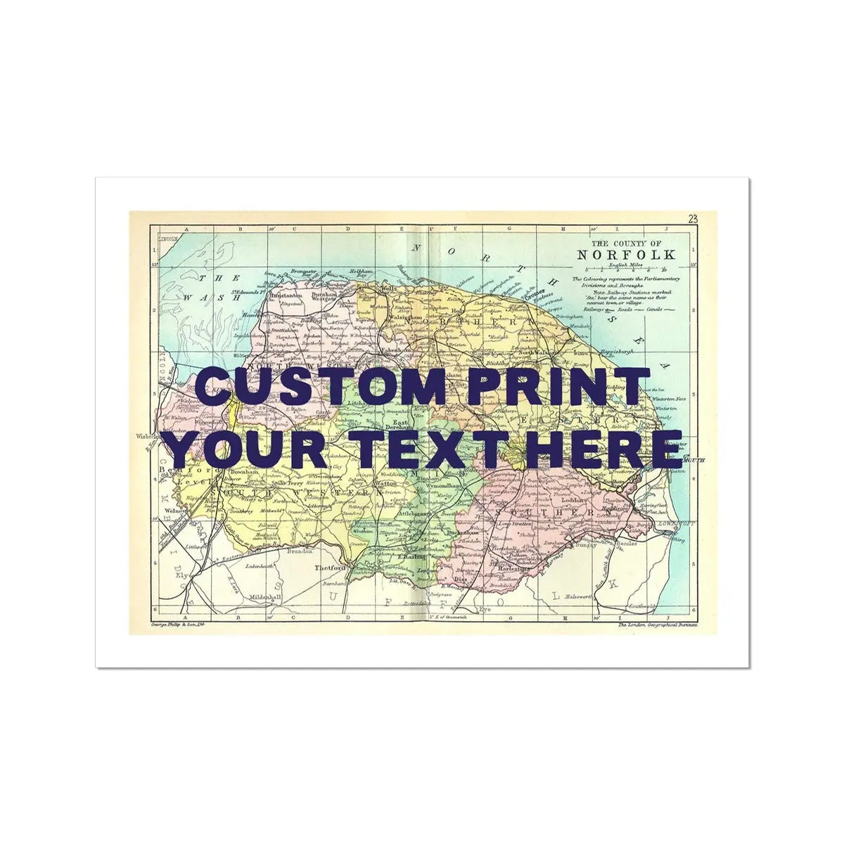 Coastal wall art featuring a personalised vintage map print of Norfolk with navy font - Unframed wall art