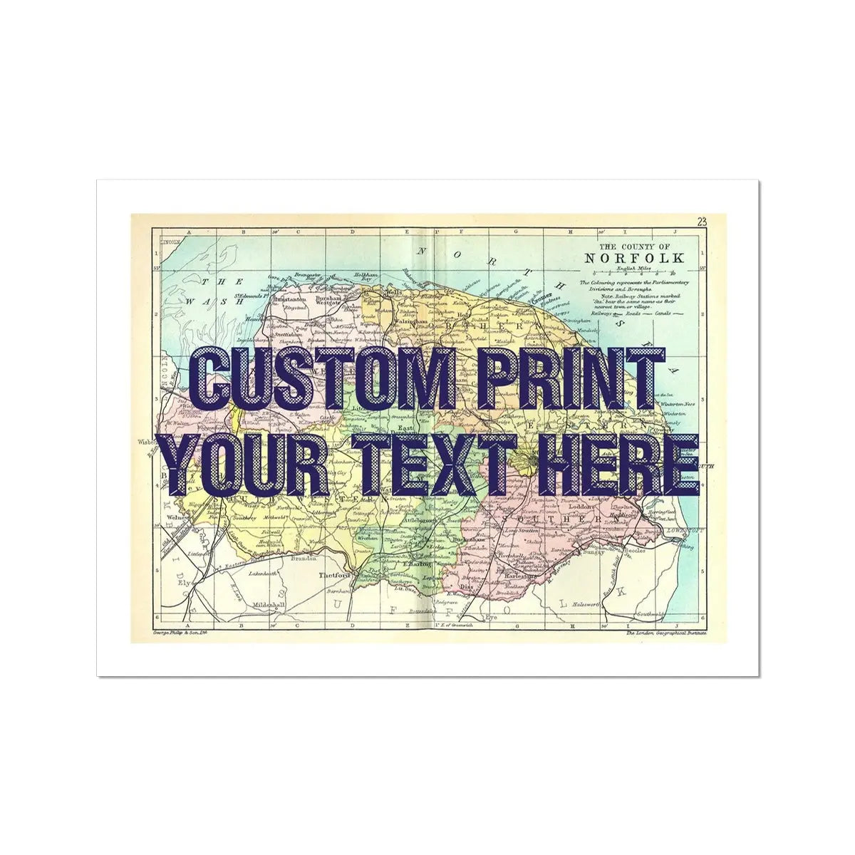 Coastal wall art featuring a personalised vintage map print of Norfolk with navy font - unframed wall art