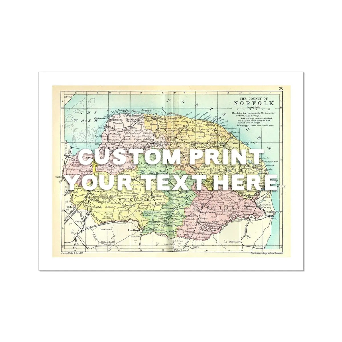 Coastal wall art featuring a personalised vintage map print of Norfolk with white font - Unframed wall art
