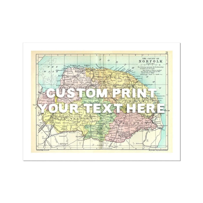 Coastal wall art featuring a personalised vintage map print of Norfolk with white font - Unframed wall art