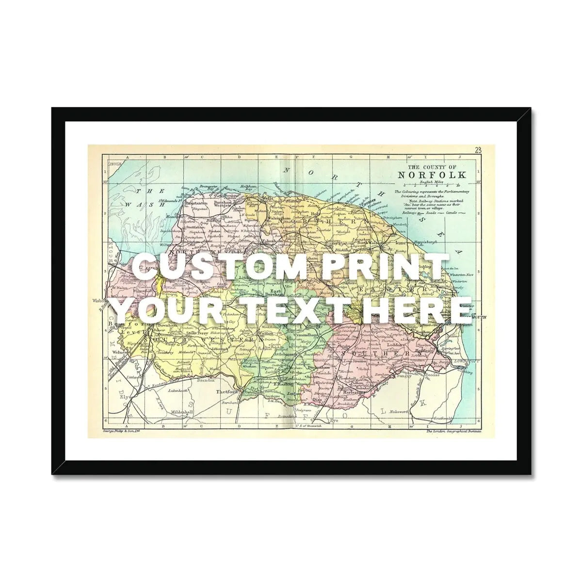 Coastal wall art featuring a personalised vintage map print of Norfolk with white font - Framed wall art