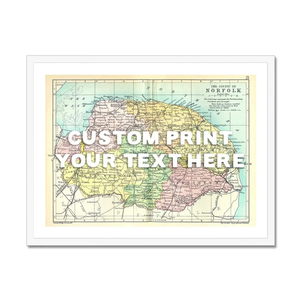 Coastal wall art featuring a personalised vintage map print of Norfolk with white font - Framed wall art