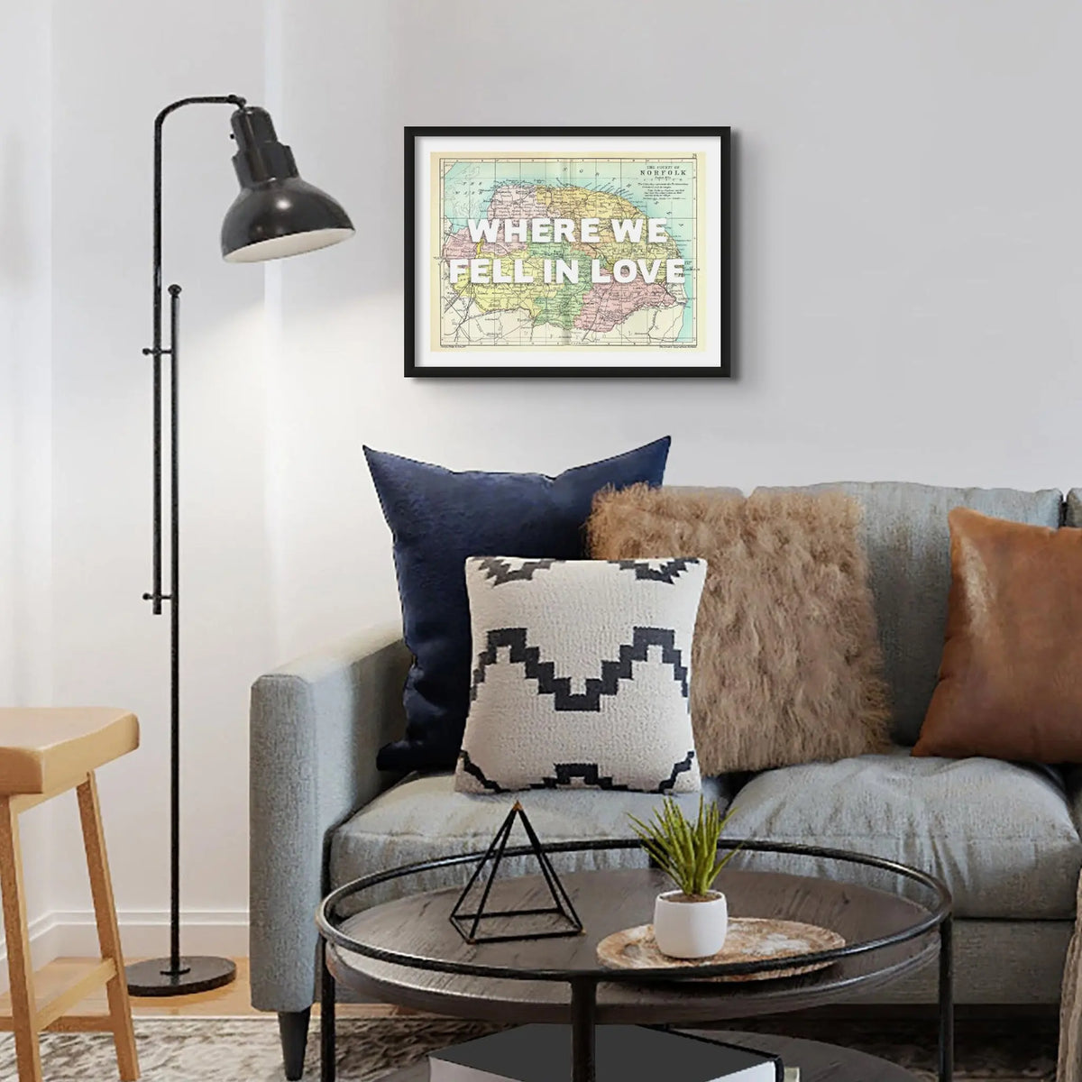 Coastal wall art featuring a personalised vintage map print of Norfolk with white font - Framed wall art