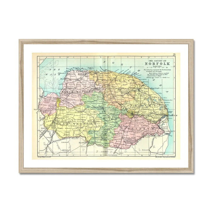 Norfolk Vintage Map (Norfolk Map) Vintage Map Art - Framed - Beach House Art