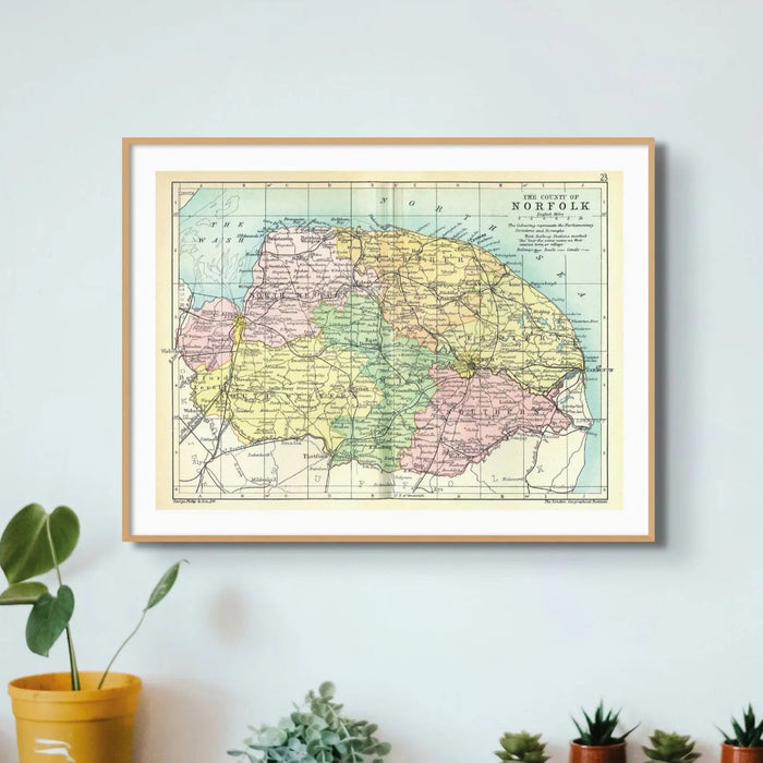 Norfolk Vintage Map (Norfolk Map) Vintage Map Art - Framed - Beach House Art