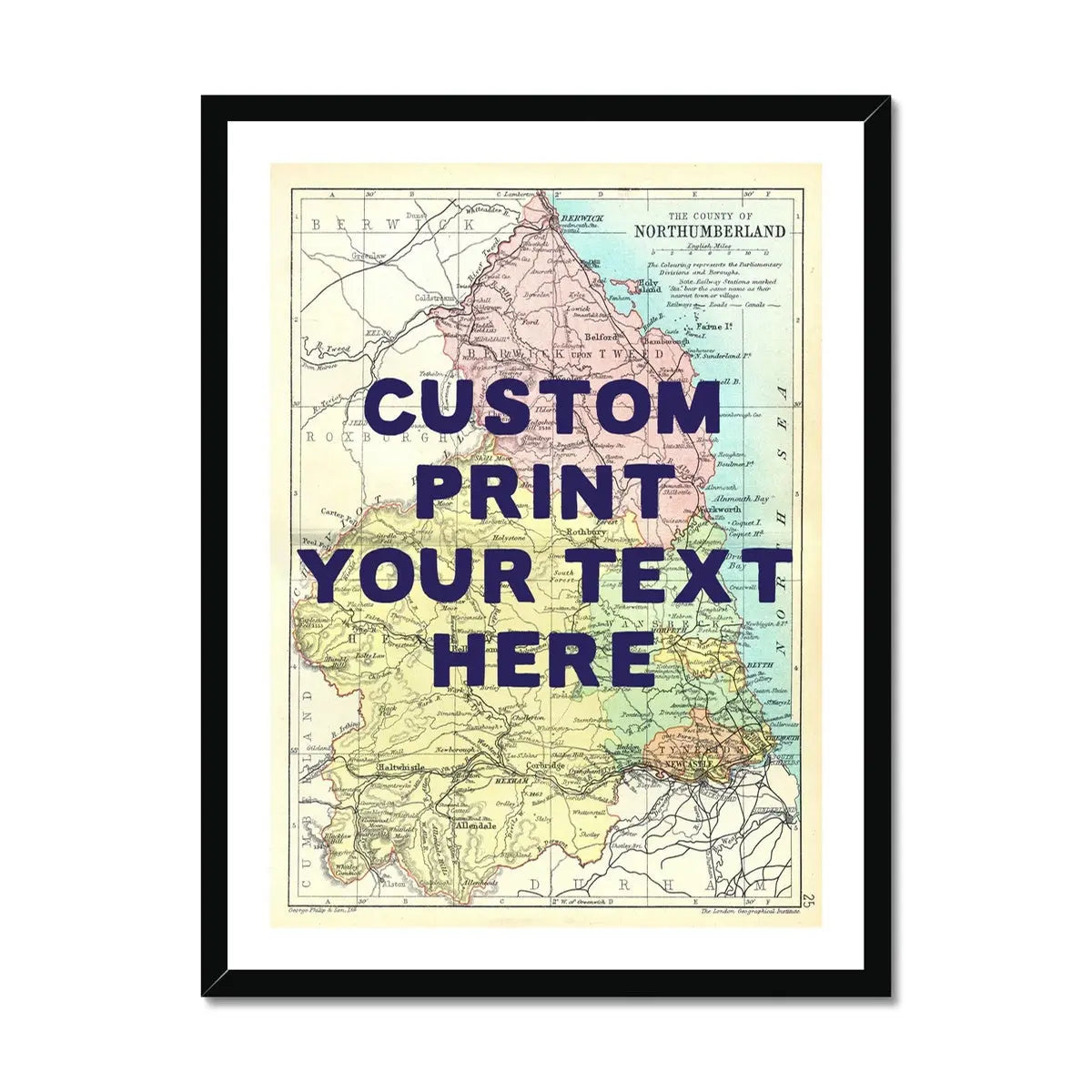 Northumberland Personalised Map Print | Map of Northumberland | Navy Hand Drawn Font - Framed Wall Art