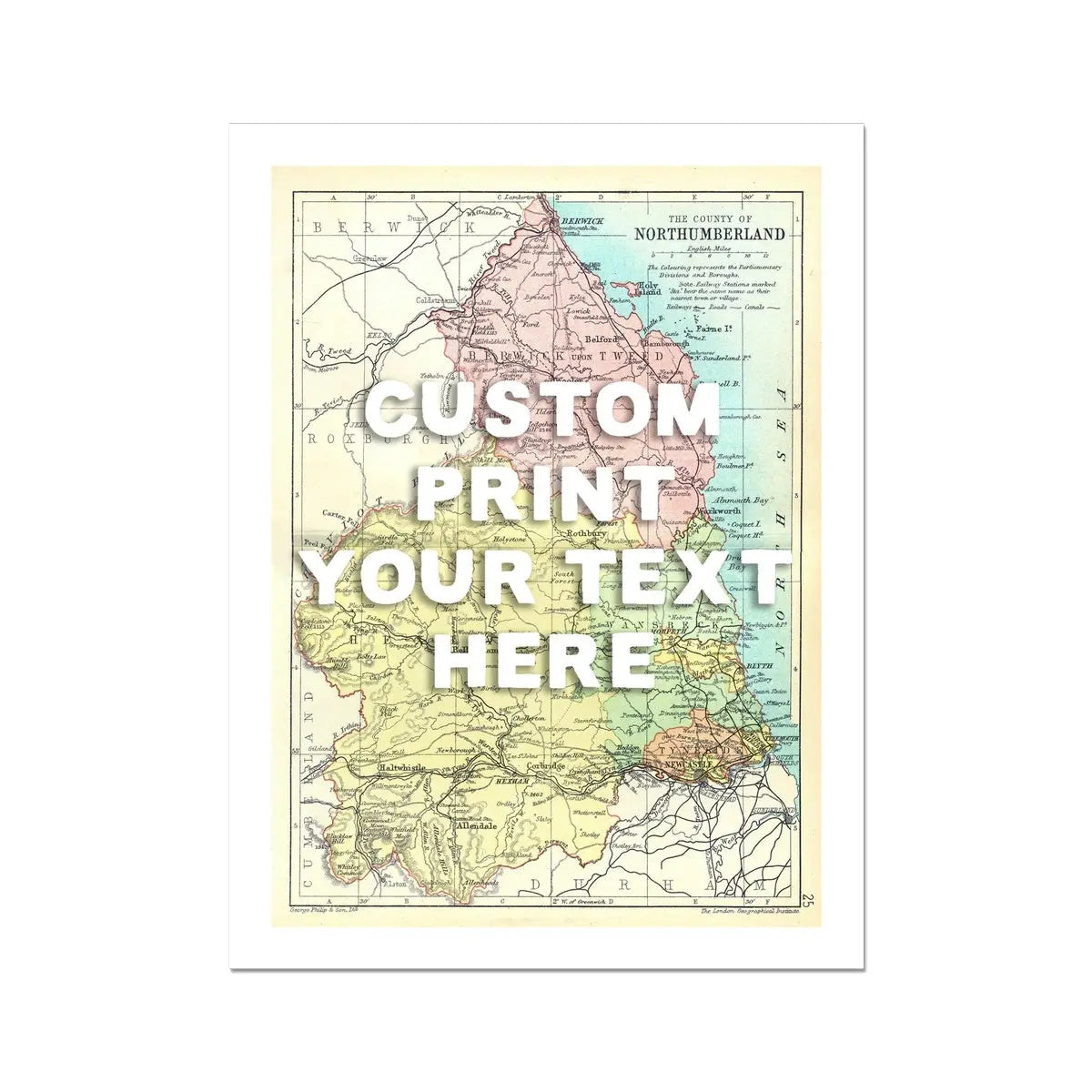 Northumberland Personalised Map Print | Custom Map of Northumberland | White Hand Drawn Font - Unframed Wall Art