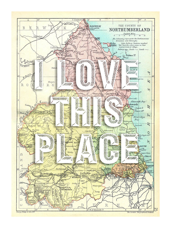 Northumberland Personalised Map Print | Custom Map of Northumberland | White Vintage Font - Unframed Wall Art