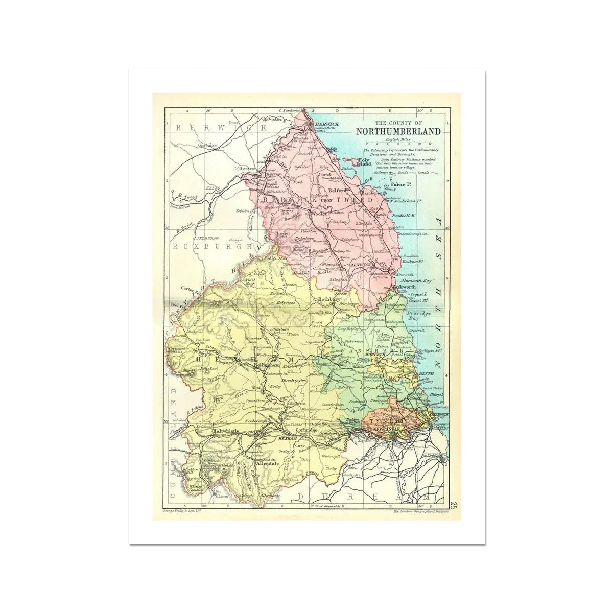 Northumberland Vintage Map Print | Map Print of Northumberland - Unframed Wall Art