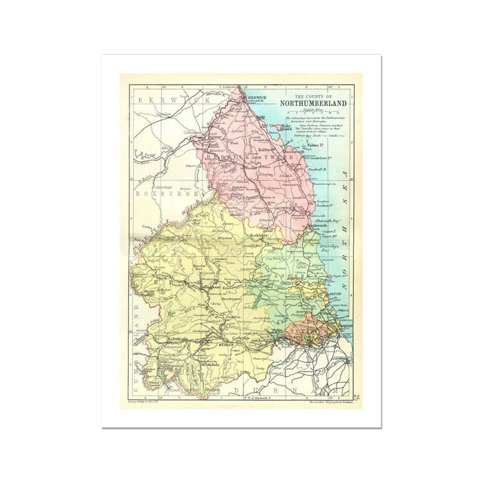 Northumberland Vintage Map Print | Map Print of Northumberland - Unframed Wall Art