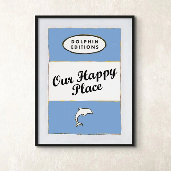 Our Happy Place quote print on vintage style book cover in blue - Unframed