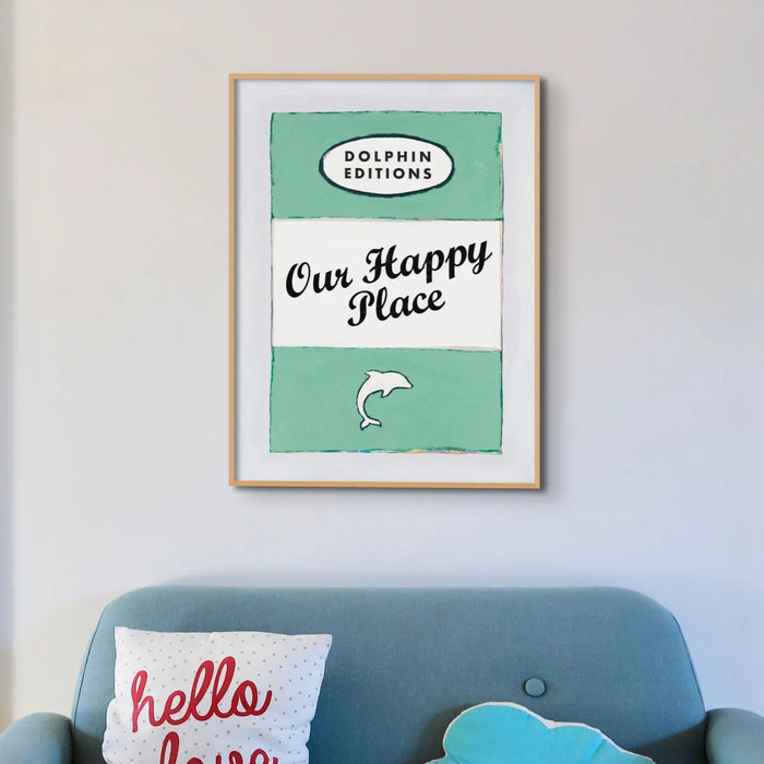 Our Happy Place quote print on vintage style book cover|Jade - Framed