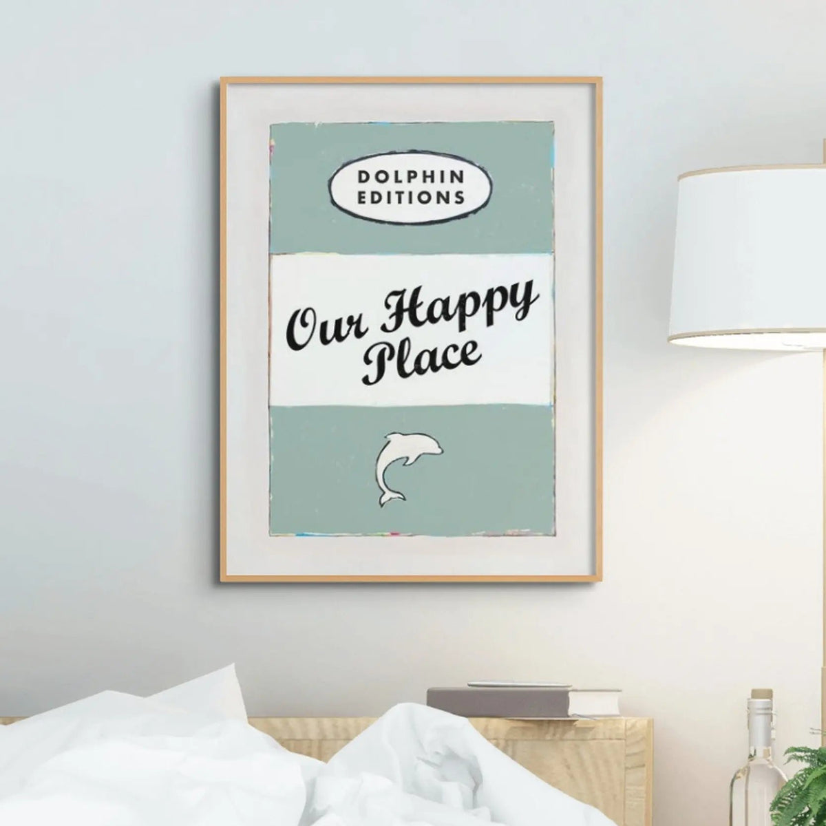 Our Happy Place quote print on vintage style book cover in sage green- Unframed