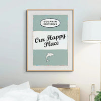 Our Happy Place quote print on vintage style book cover in sage green- Unframed