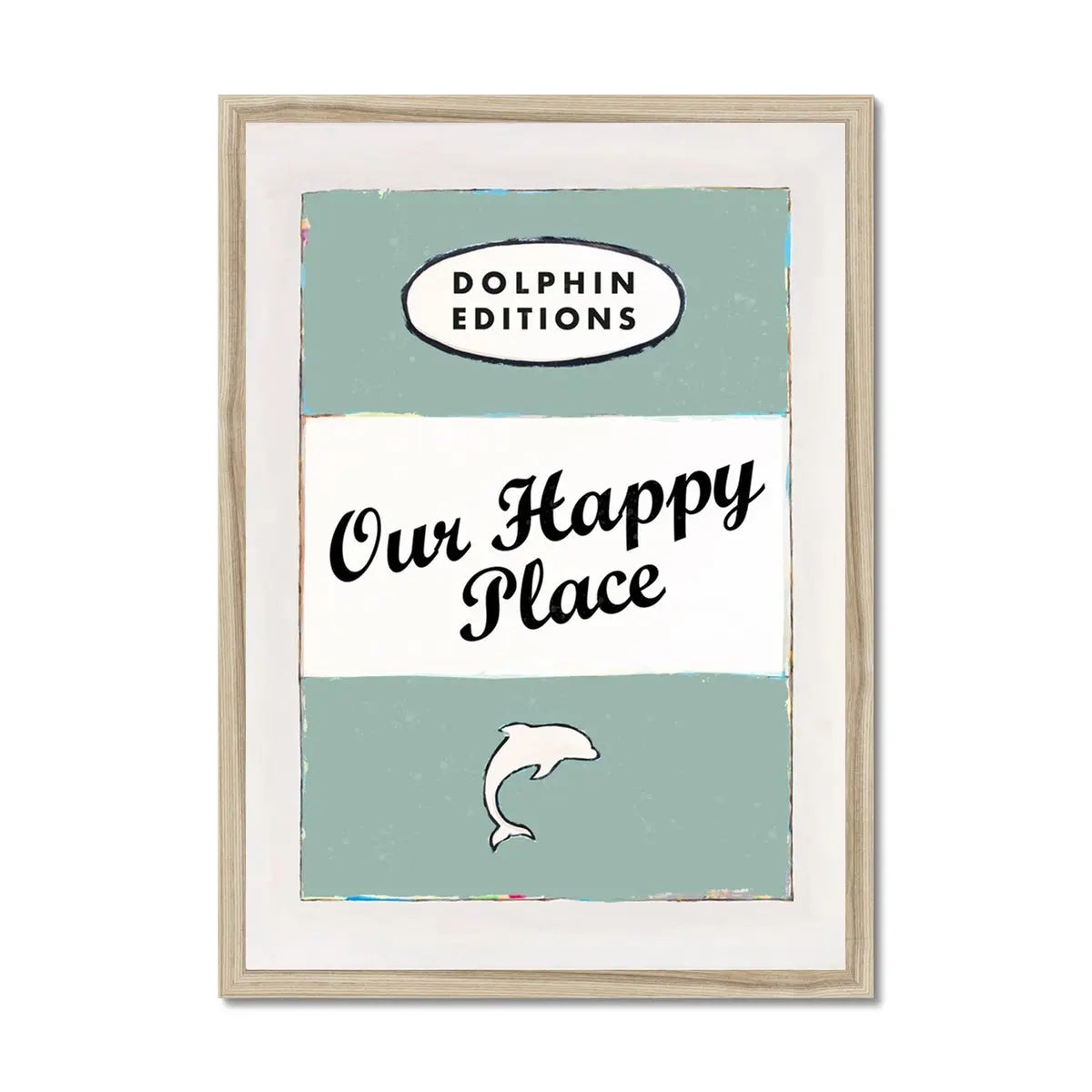Our Happy Place quote print on vintage style book cover in Green - Framed
