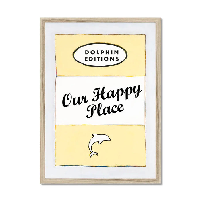 Our Happy Place quote print on vintage style book cover in Yellow - Framed
