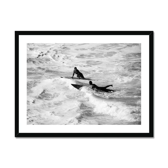 black & white photograph of two surfers in the surf - beach house art