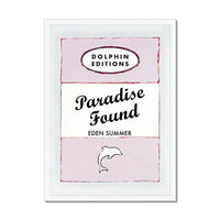 this framed print features a vintage book cover art poster of "Paradise Found" in pink.