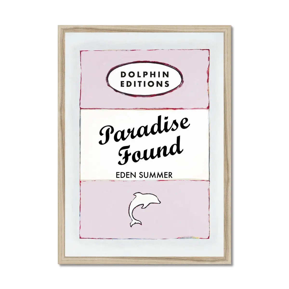 this framed print features a vintage book cover art poster of "Paradise Found" in pink.
