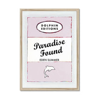 this framed print features a vintage book cover art poster of "Paradise Found" in pink.