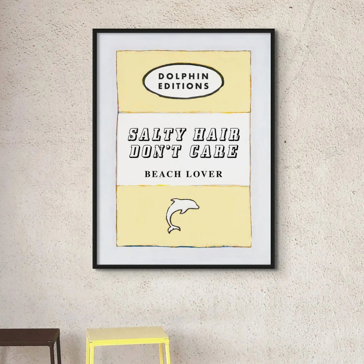 Vintage book cover art print titled "Salty Hair" in yellow that is available for purchase. Book cover poster
