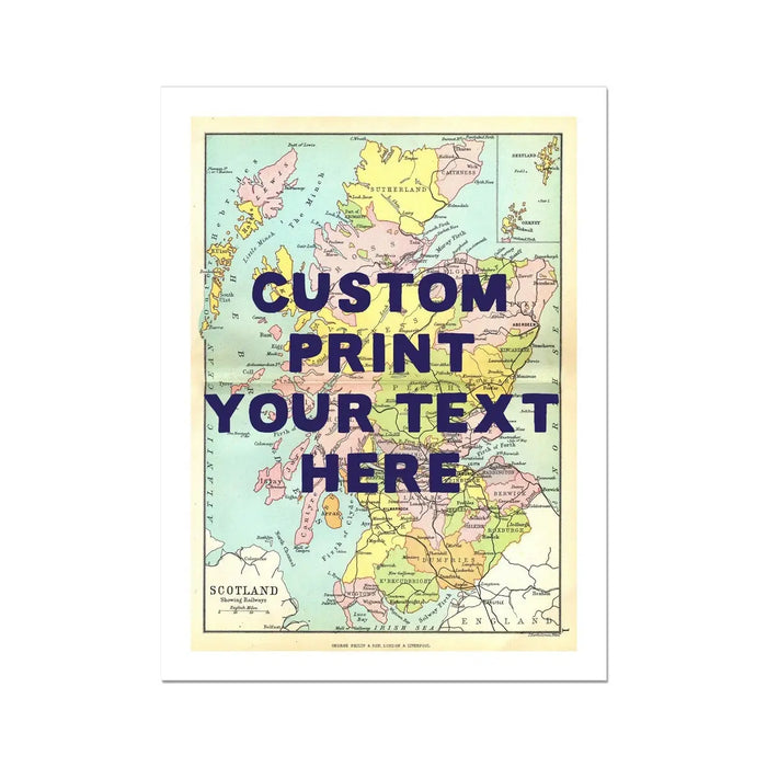 Coastal wall art featuring a personalised vintage map print of Scotland with pink font - Unframed wall art
