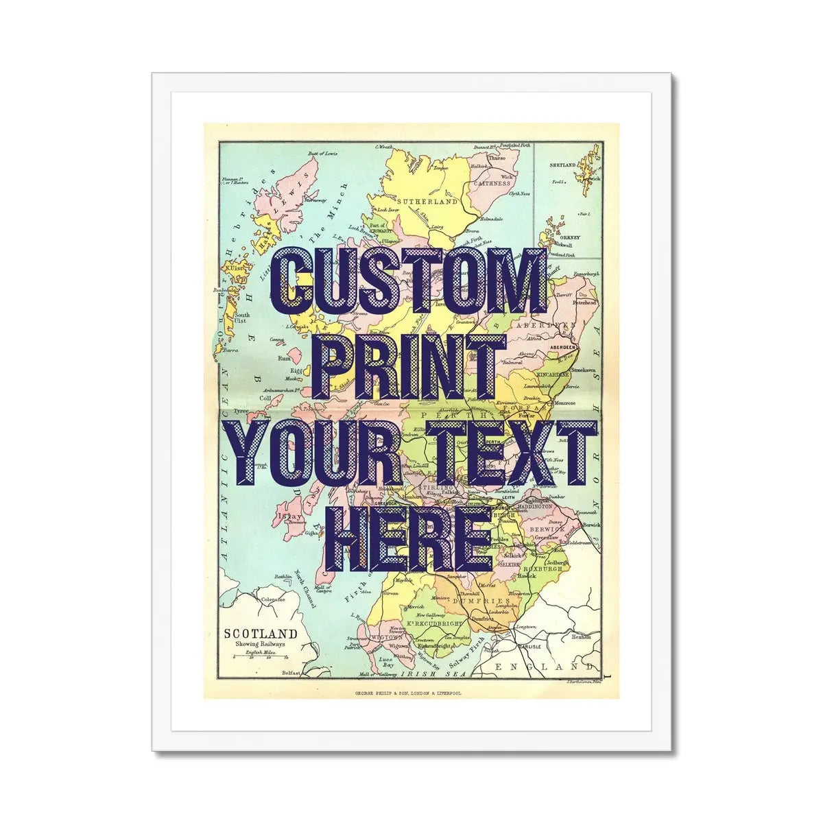 Framed personalised vintage map art print of Scotland with navy font - wall art