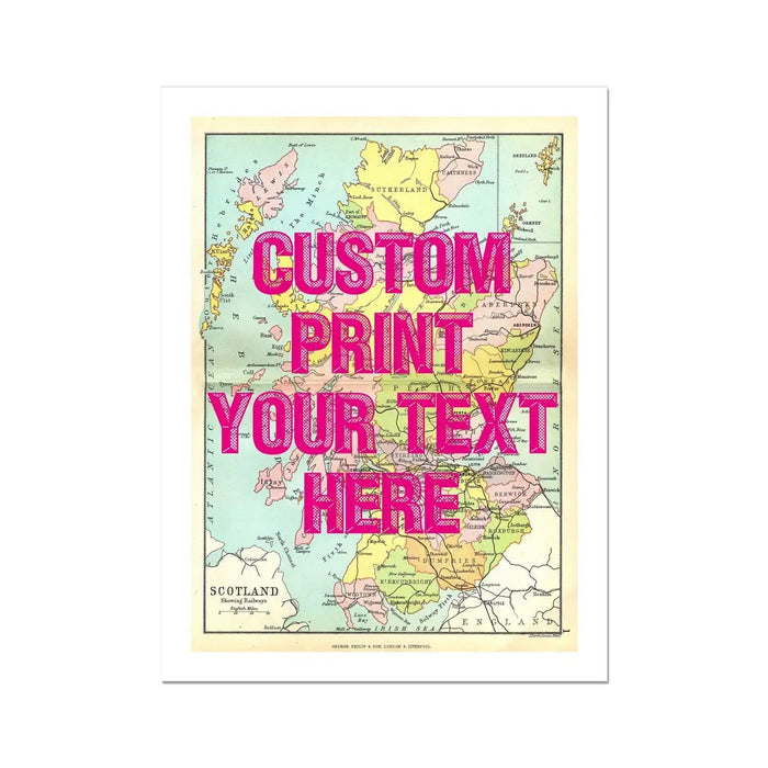 Unframed personalised vintage map art print of Scotland with pink font - Wall Art